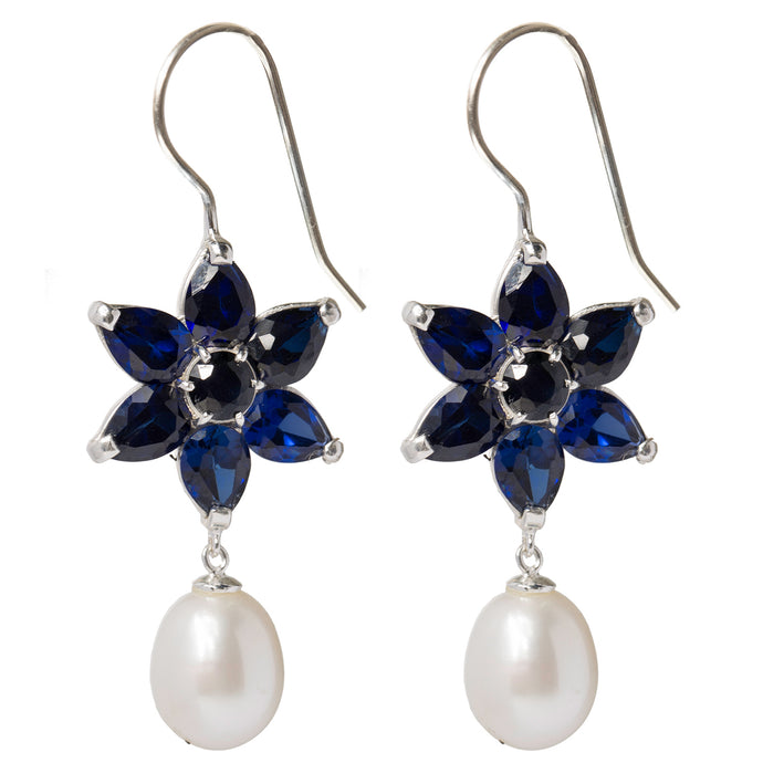Ethereal sapphire flower and pearl earrings