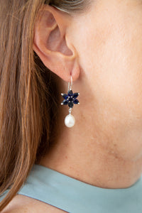 Ethereal sapphire flower and pearl earrings